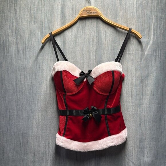 🏴 Spencer's sexy Santa Red and Black Corset with White Trim size large - Picture 2 of 6